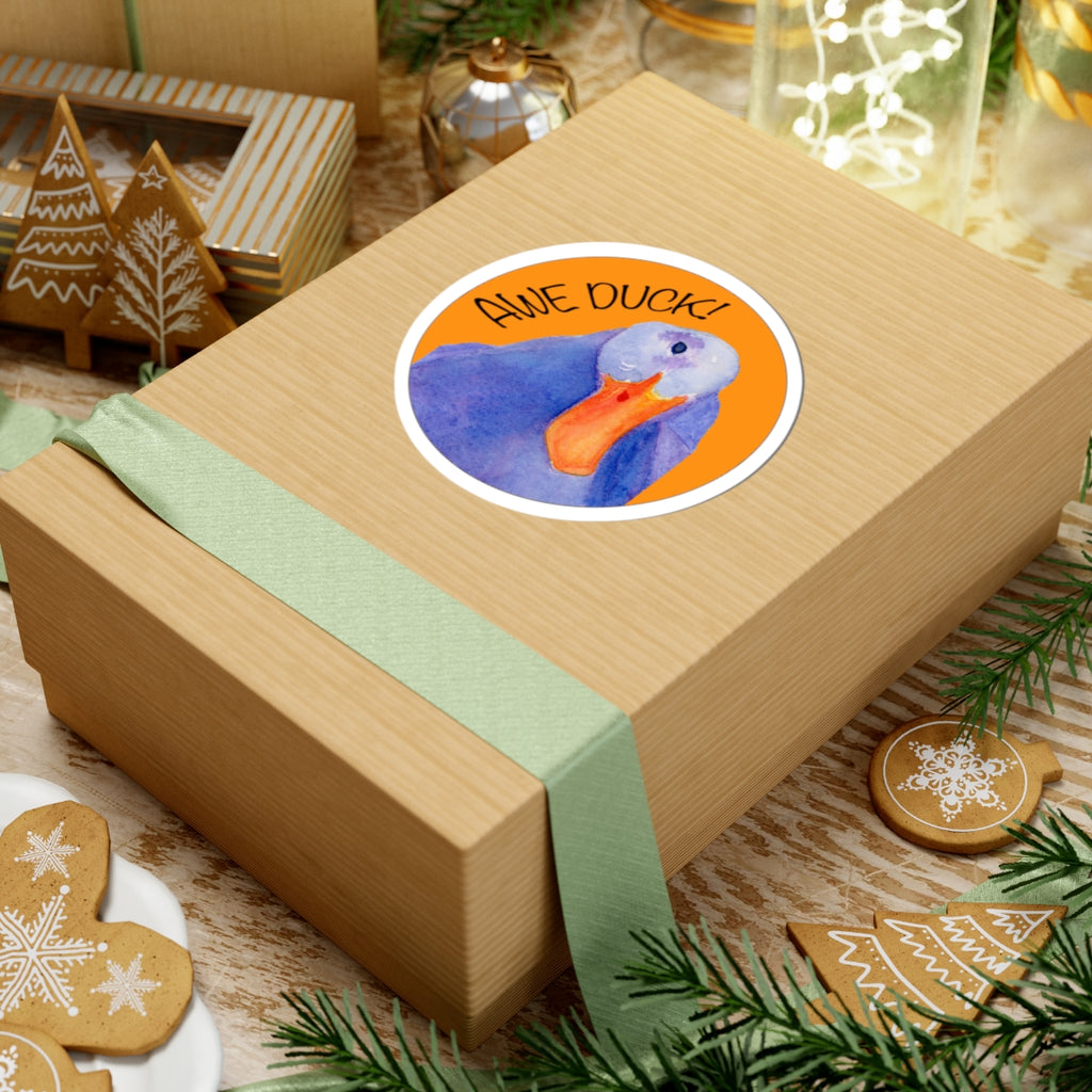 Awe Duck! Round Duck Kiss-Cut Sticker — Watercolor Blue Duck on Orange