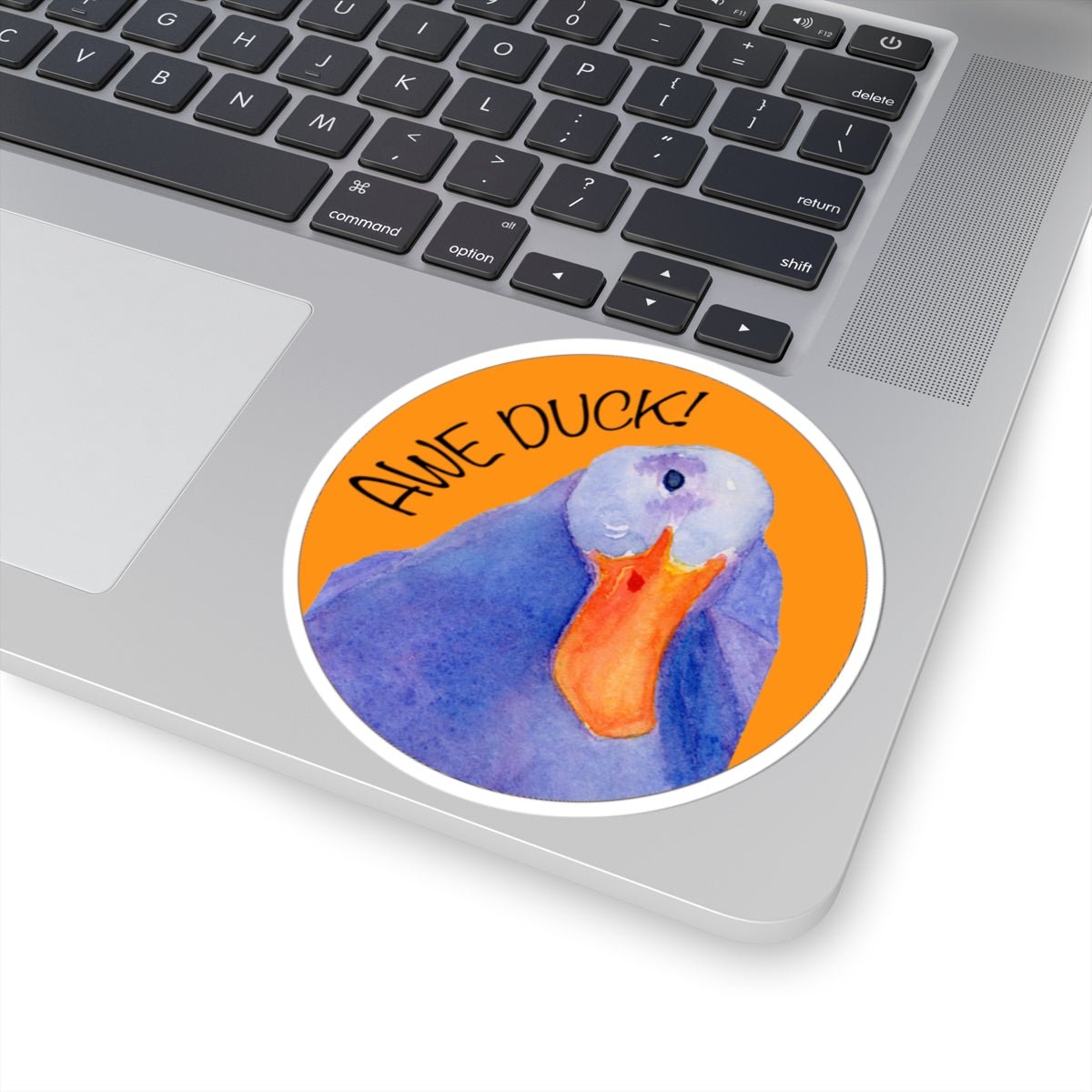 Awe Duck! Round Duck Kiss-Cut Sticker — Watercolor Blue Duck on Orange