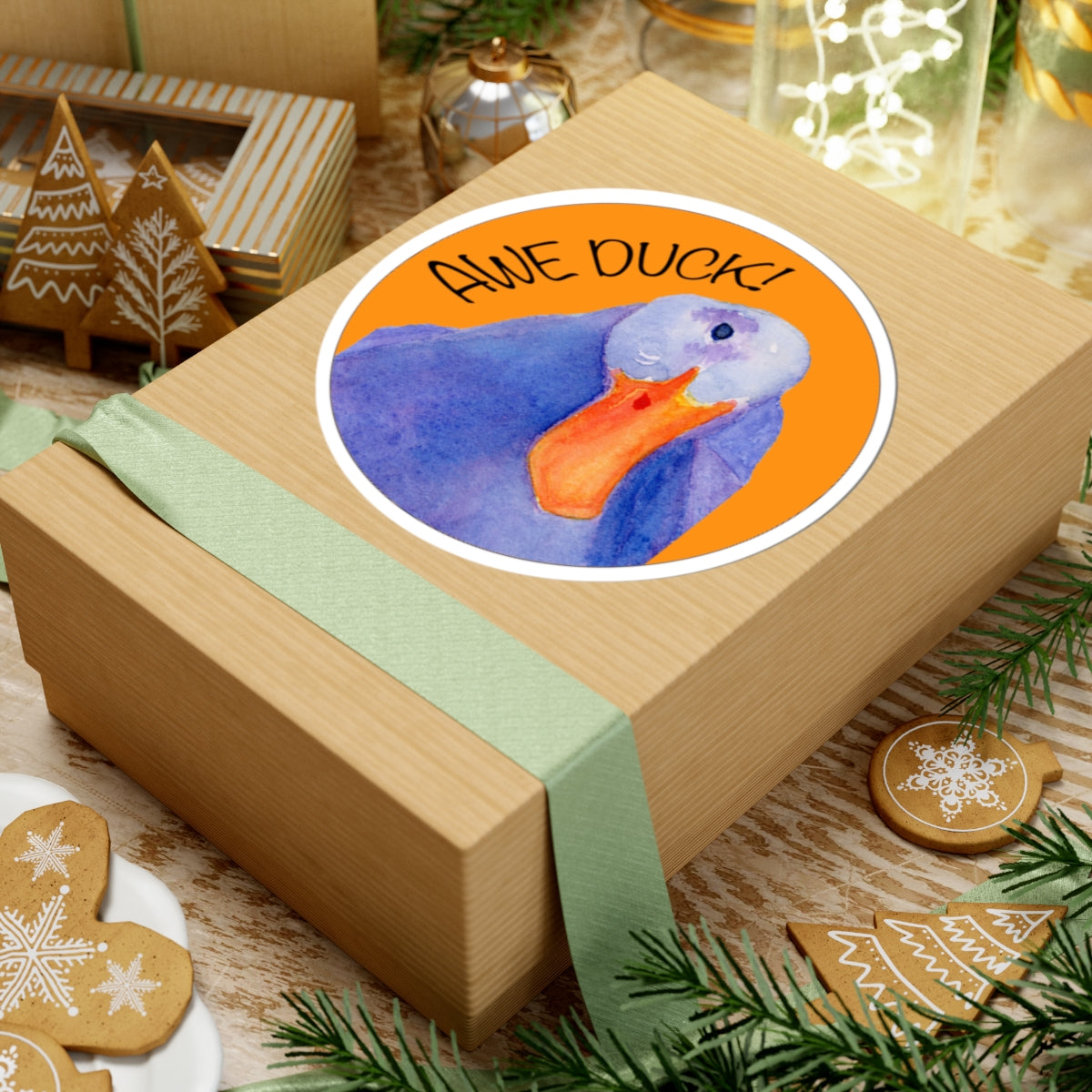 Awe Duck! Round Duck Kiss-Cut Sticker — Watercolor Blue Duck on Orange