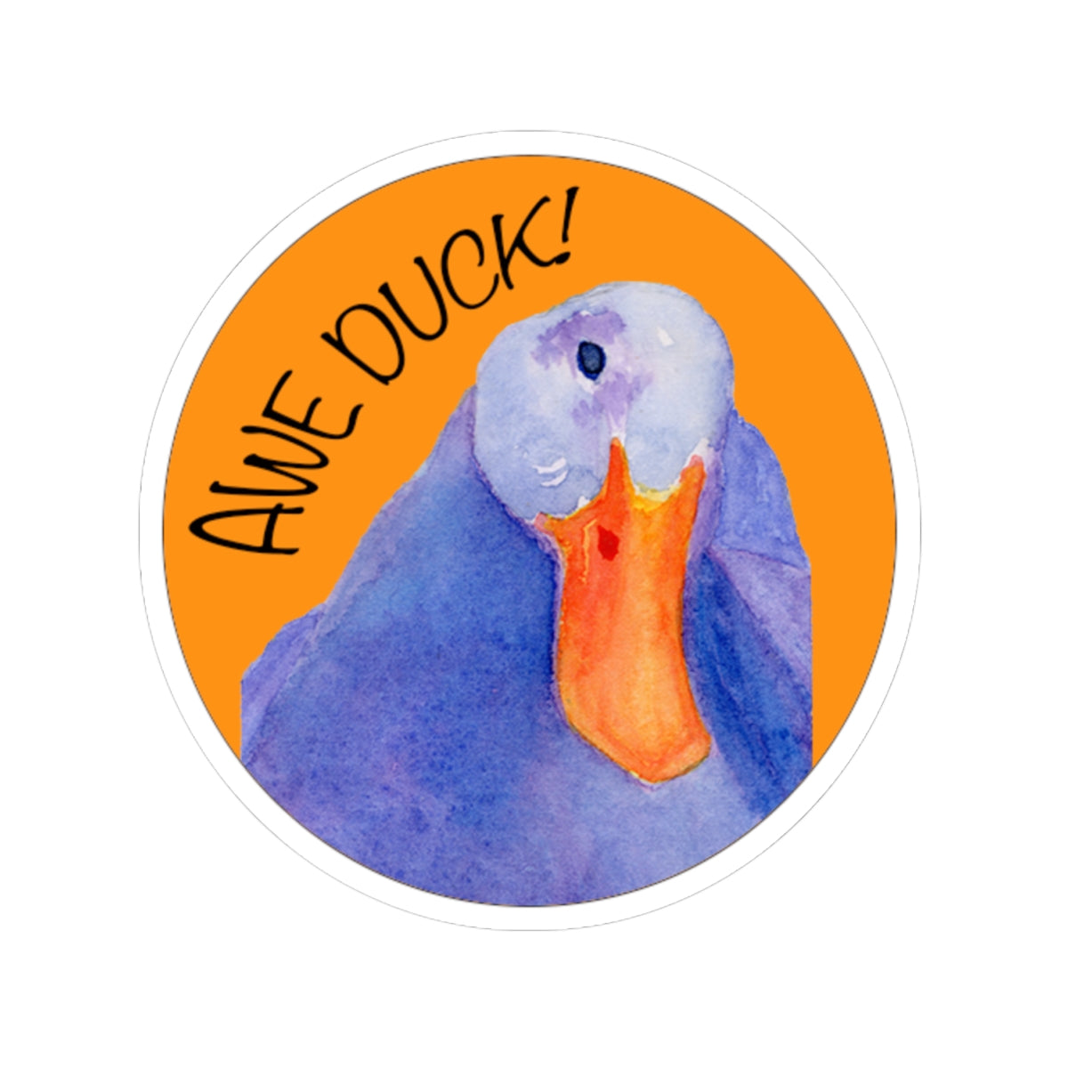 Awe Duck! Round Duck Kiss-Cut Sticker — Watercolor Blue Duck on Orange