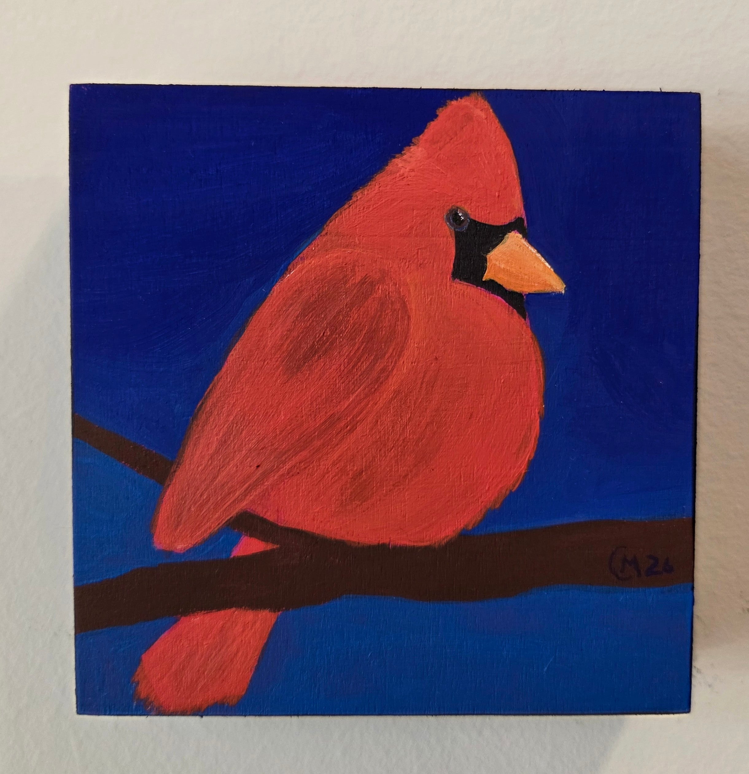 Cardinal at Dusk Original Gouache Painting 4x4 Collection