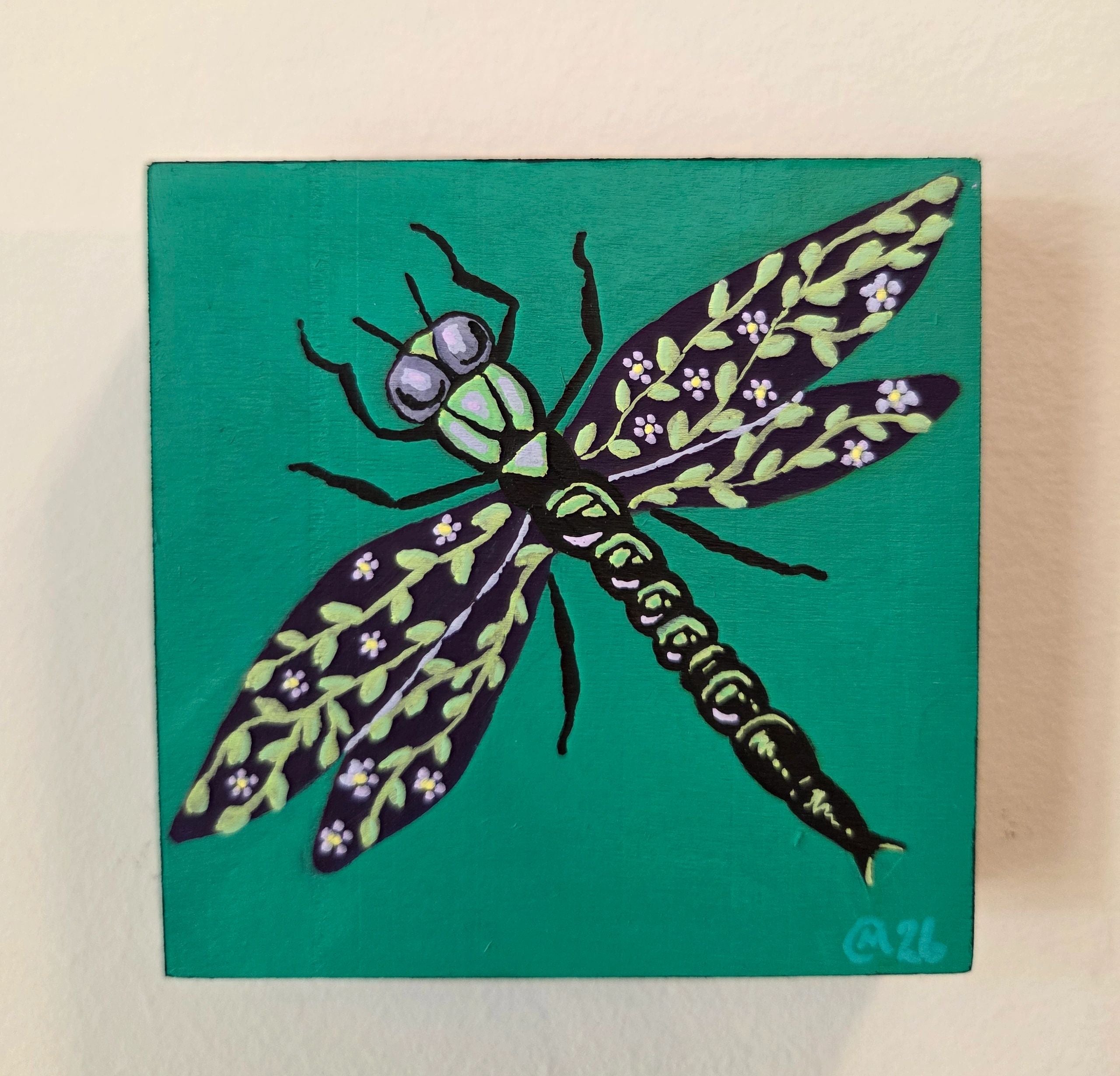 Floral Dragonfly Original Gouache Painting 4x4 Collection