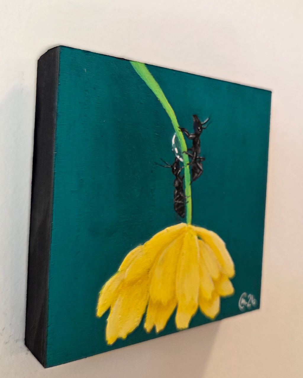 Two Ants and a Flower Original Gouache Painting 4x4 Collection