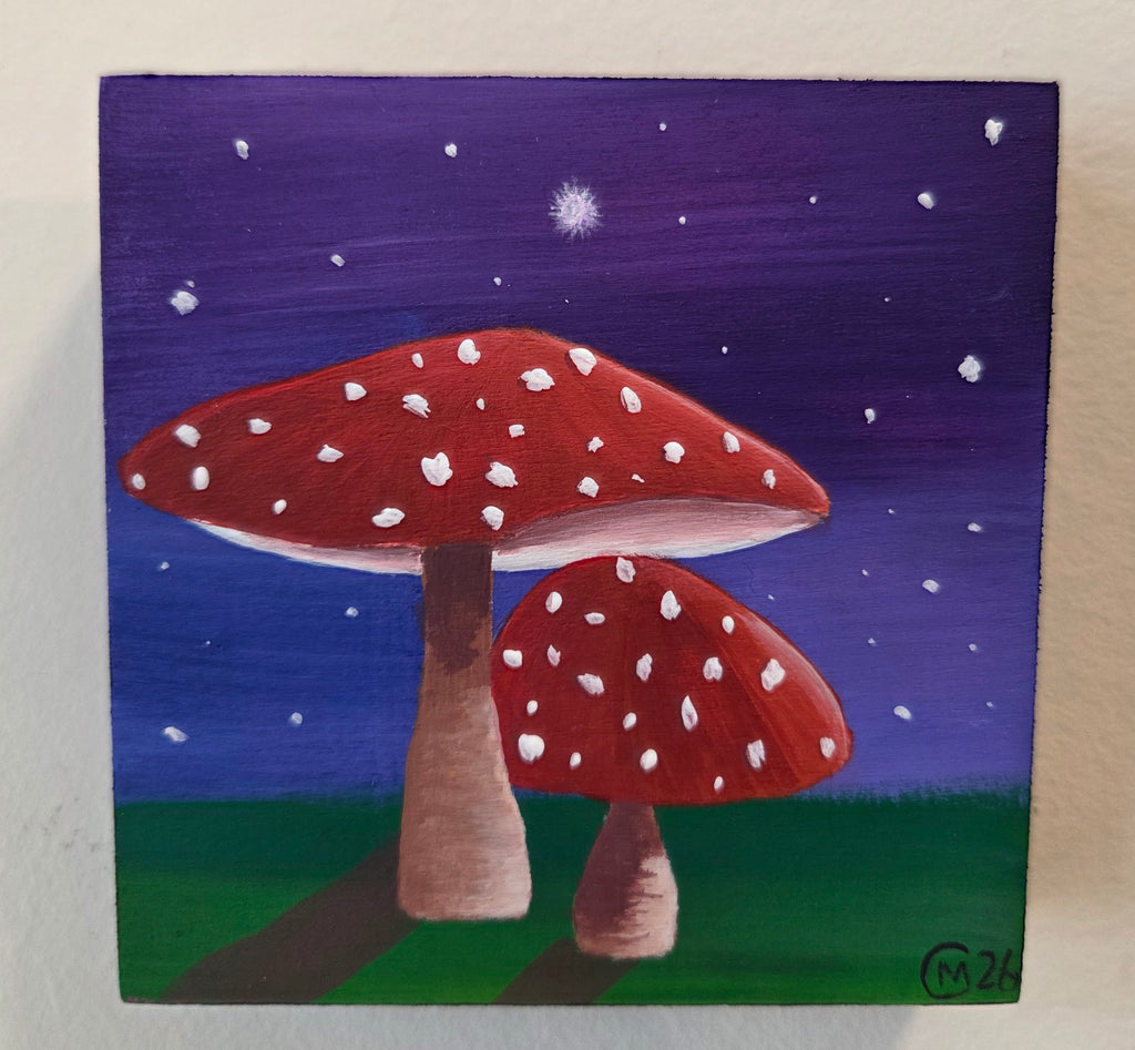 Midnight Mushrooms Original Gouache Painting 4x4 Collection