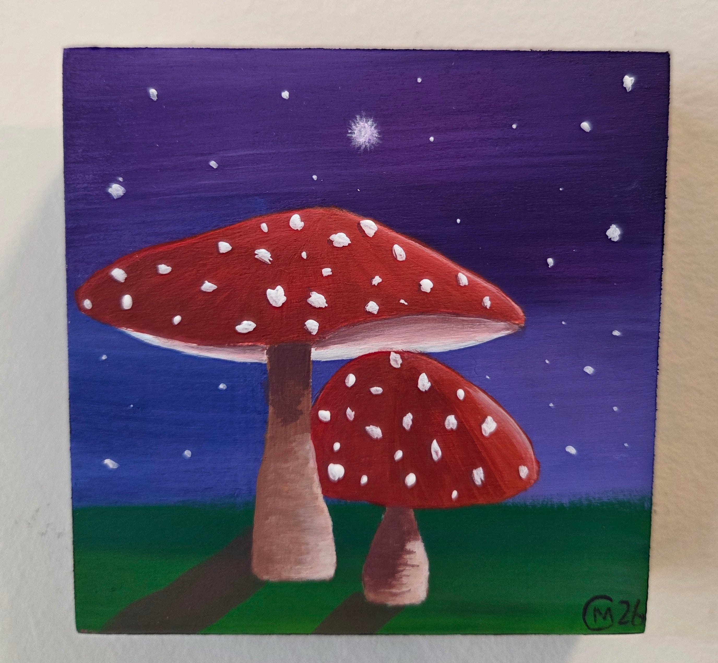 Midnight Mushrooms Original Gouache Painting 4x4 Collection