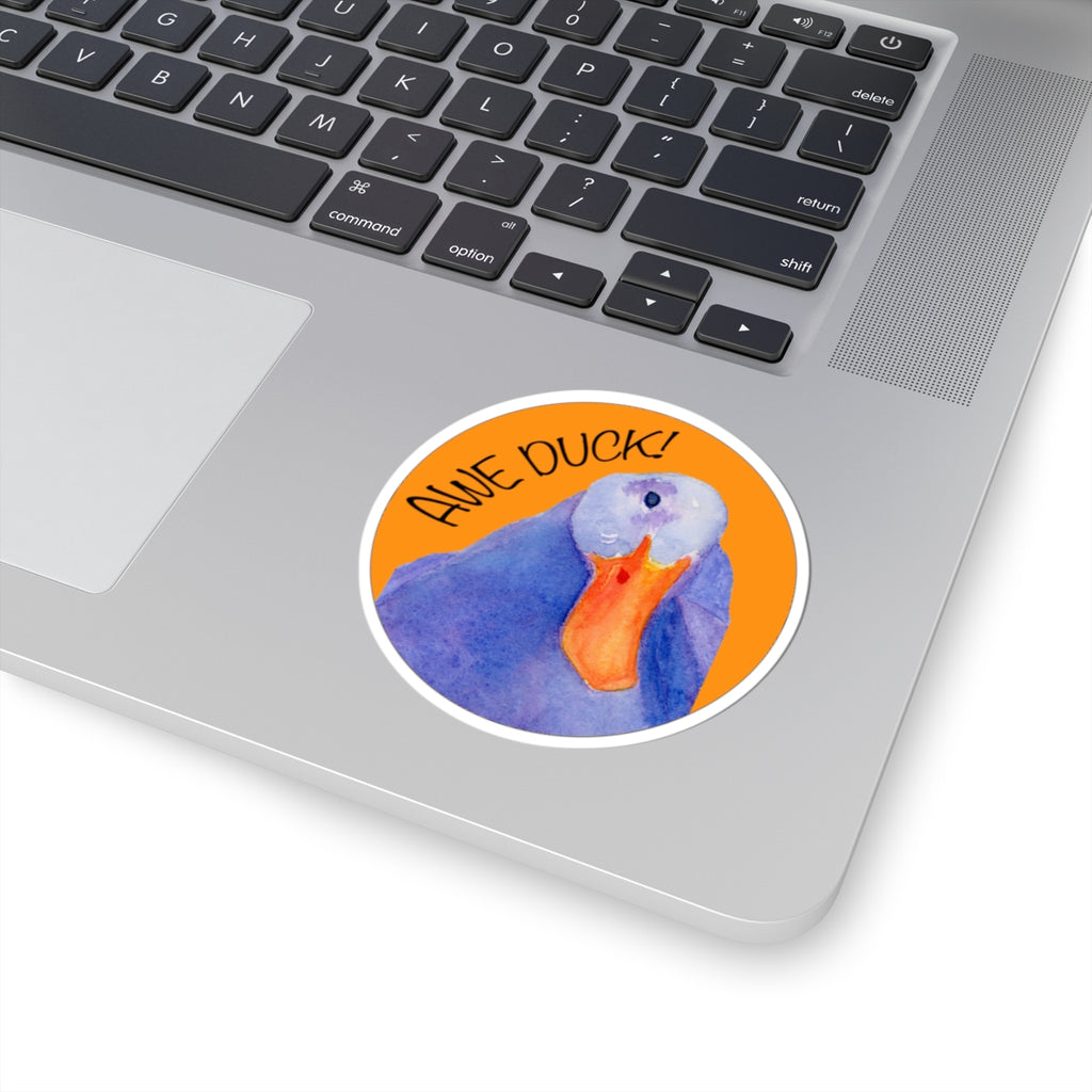 Awe Duck! Round Duck Kiss-Cut Sticker — Watercolor Blue Duck on Orange