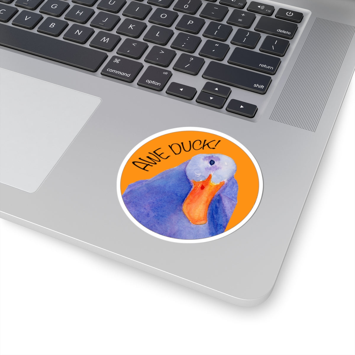 Awe Duck! Round Duck Kiss-Cut Sticker — Watercolor Blue Duck on Orange
