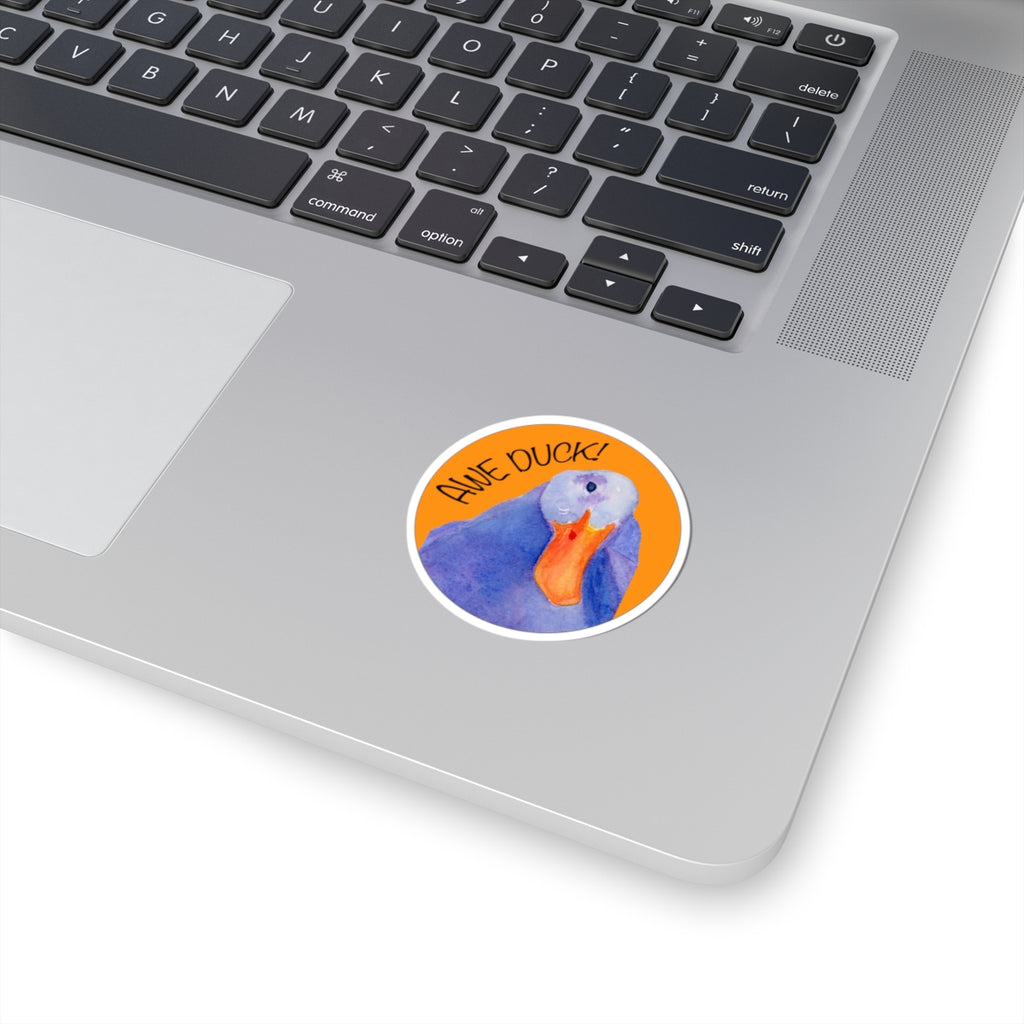 Awe Duck! Round Duck Kiss-Cut Sticker — Watercolor Blue Duck on Orange