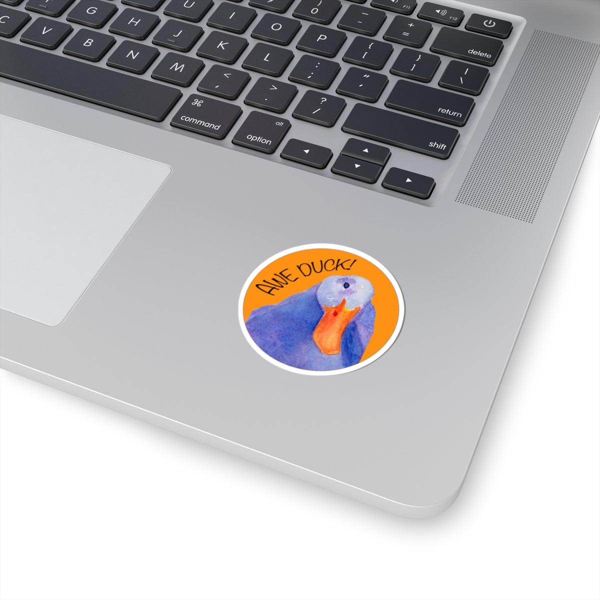 Awe Duck! Round Duck Kiss-Cut Sticker — Watercolor Blue Duck on Orange