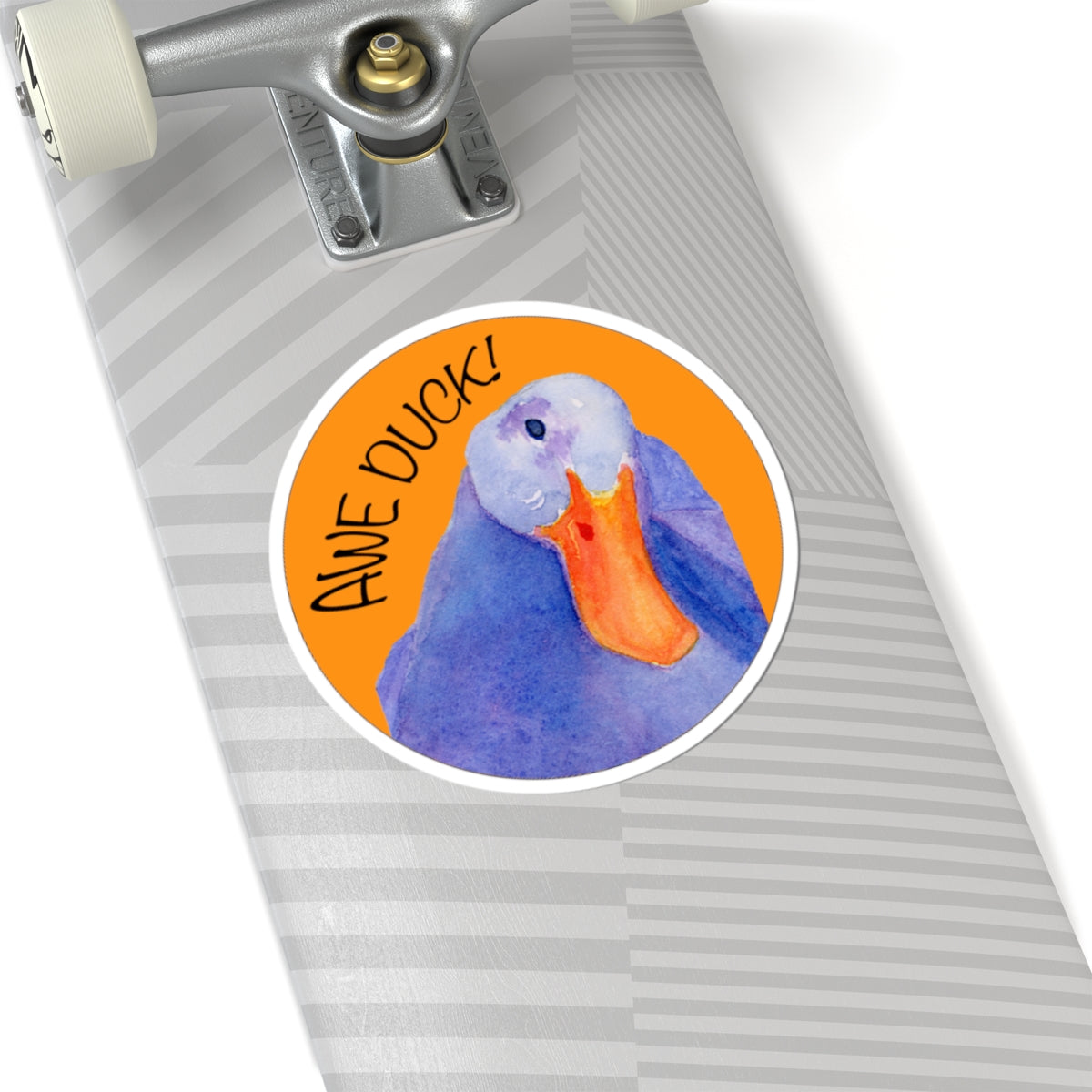 Awe Duck! Round Duck Kiss-Cut Sticker — Watercolor Blue Duck on Orange